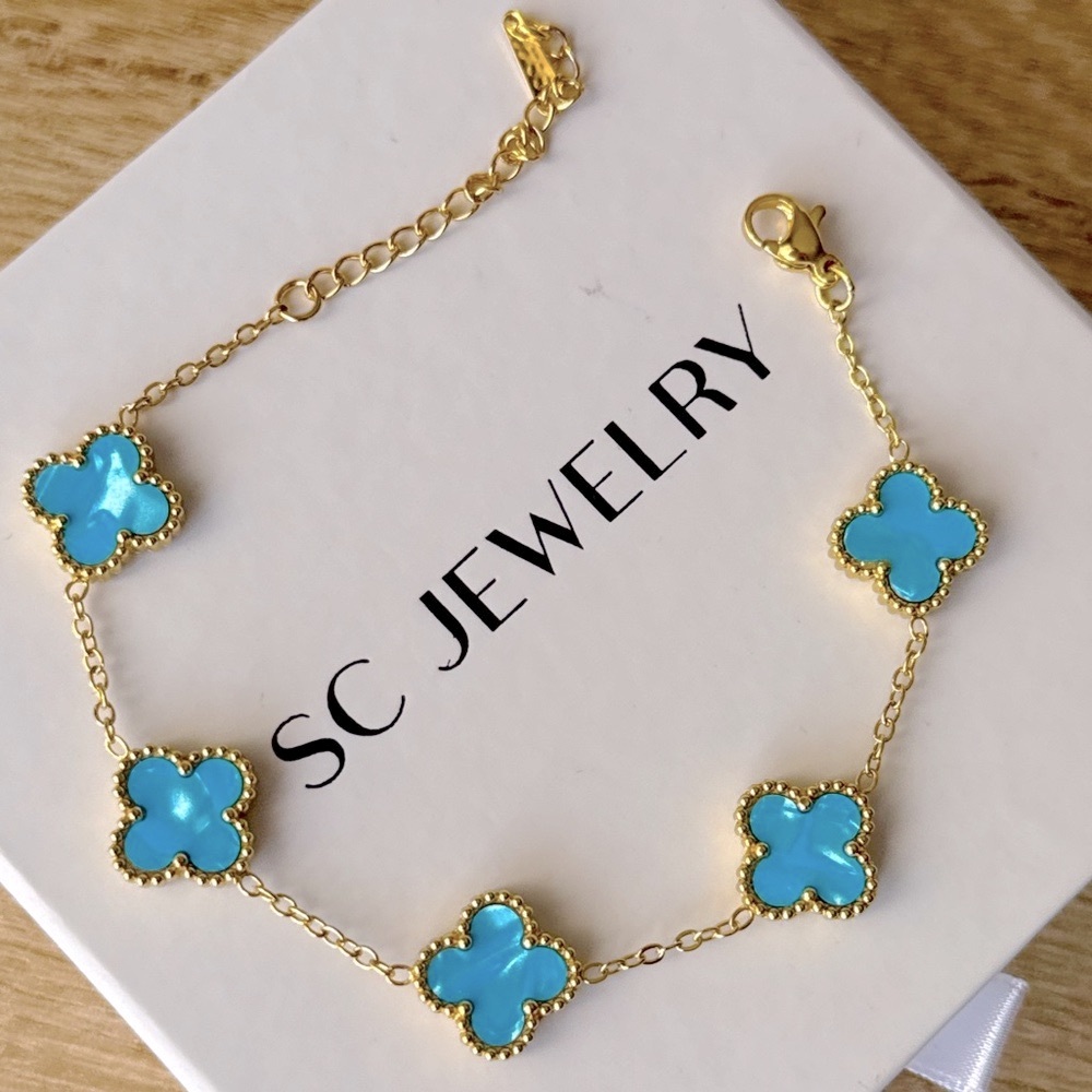 Last 3 🔥 Light Blue Clover Bracelet Double Sided Gold Tone Chain